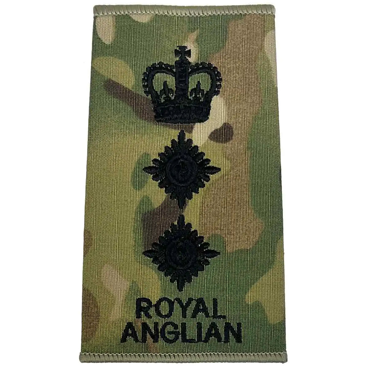 Royal Anglian Rank Slide Multicam with crown above two pips, embroidered in dark green, representing colonel rank in military uniforms. Colonel from  John Bull Clothing 