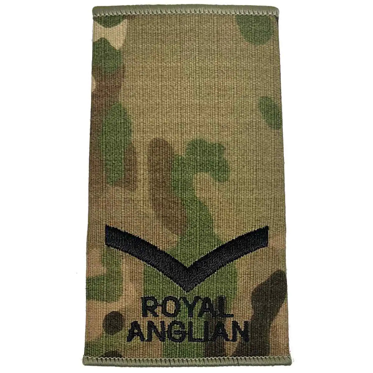 Royal Anglian Rank Slide Multicam with one chevron insignia, dark green embroidery on camouflage Cordura, suitable for junior ranks. Lance Corporal from  John Bull Clothing 