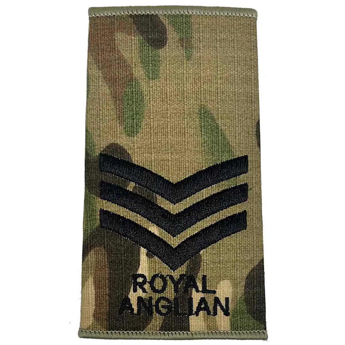 Royal Anglian Rank Slide Multicam with three chevrons, dark green embroidery on Cordura fabric, designed for sergeant rank. Sergeant from  John Bull Clothing 