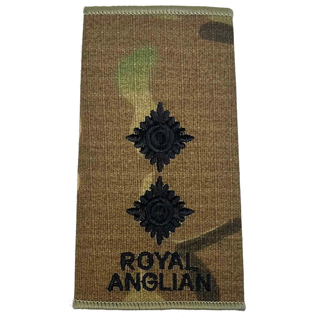 Royal Anglian Rank Slide Multicam with two pips, dark green embroidery on camouflage Cordura, indicating lieutenant rank. LT from  John Bull Clothing 