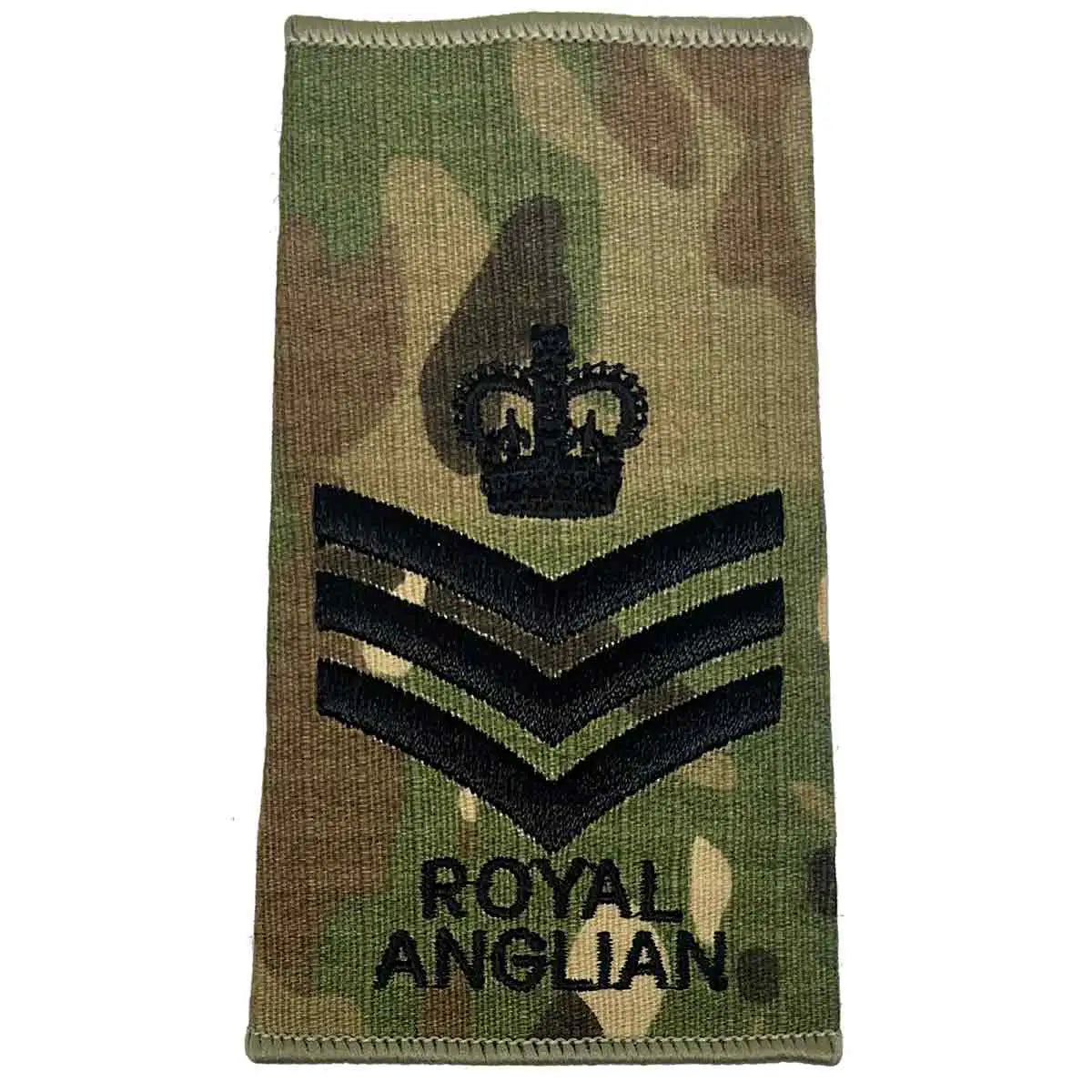 Royal Anglian Rank Slide Multicam with crown and three chevrons, embroidered in dark green, representing staff sergeant rank. Staff Sergeant from  John Bull Clothing 