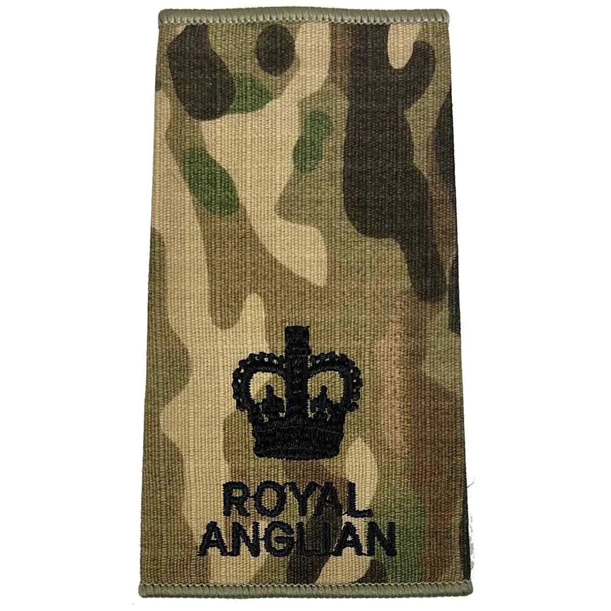Royal Anglian Rank Slide Multicam with single crown, embroidered in dark green, denoting major rank in military uniforms. Major from  John Bull Clothing 