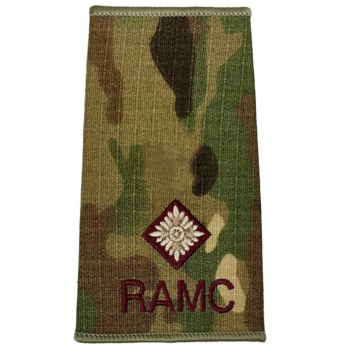 Royal Army Medical Corps Rank Slide Multicam with single diamond insignia and RAMC text, indicating junior officer rank. 2nd LT from  John Bull Clothing 