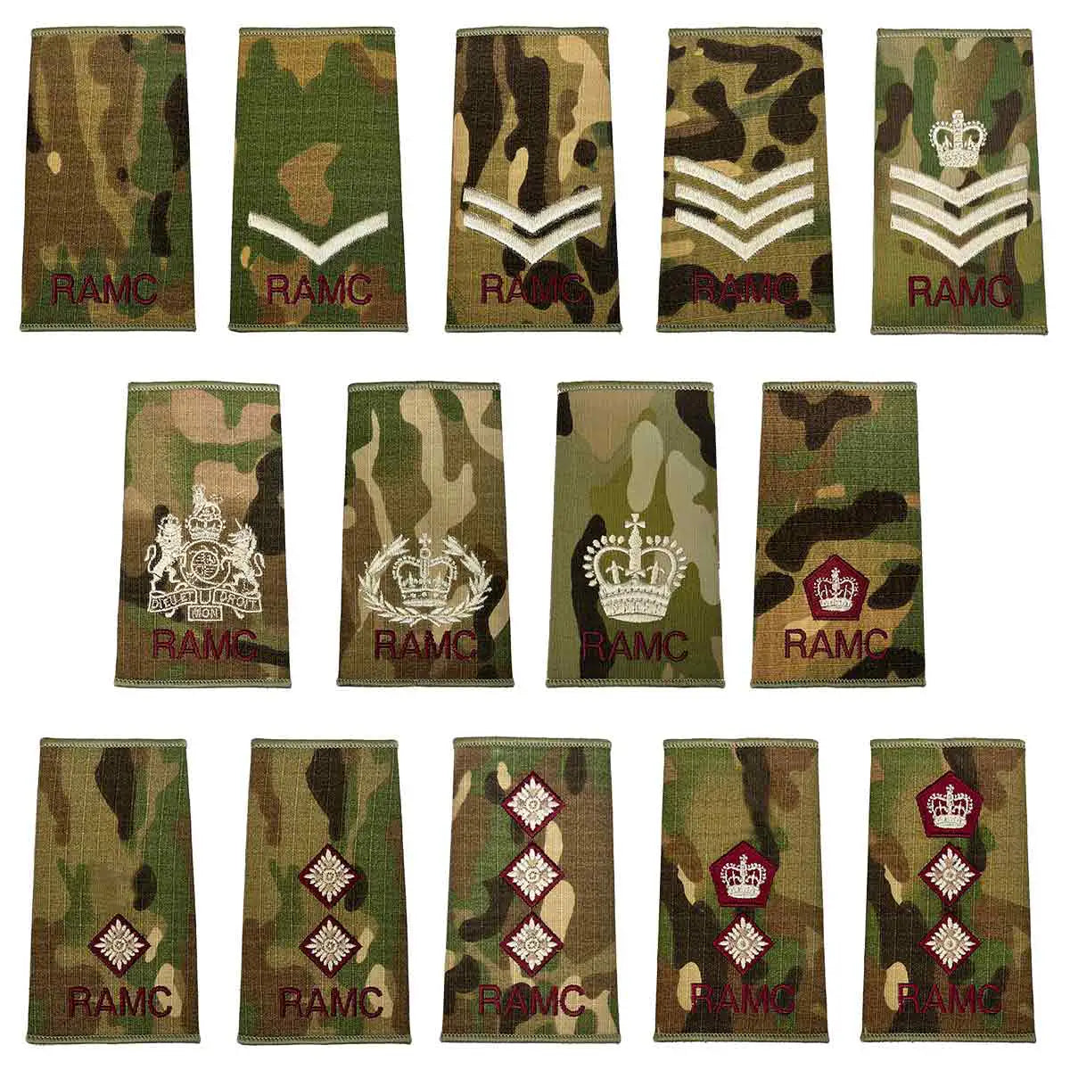 Royal Army Medical Corps Rank Slides Multicam set featuring various embroidered insignias on camouflage backing, ideal for military uniforms.  from  John Bull Clothing 