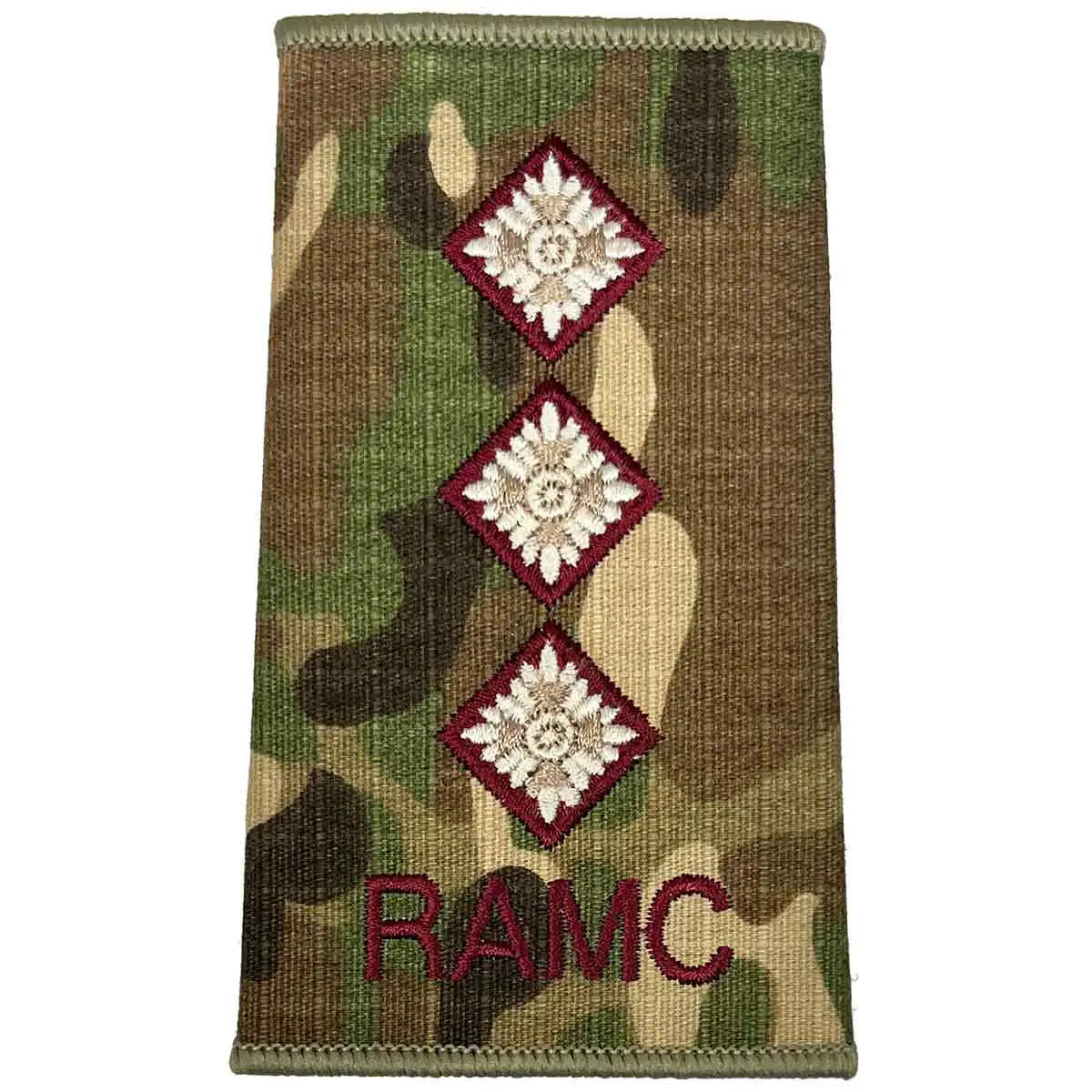 Royal Army Medical Corps Rank Slide Multicam with three diamond insignias and RAMC text, for senior officer identification. Captain from  John Bull Clothing 