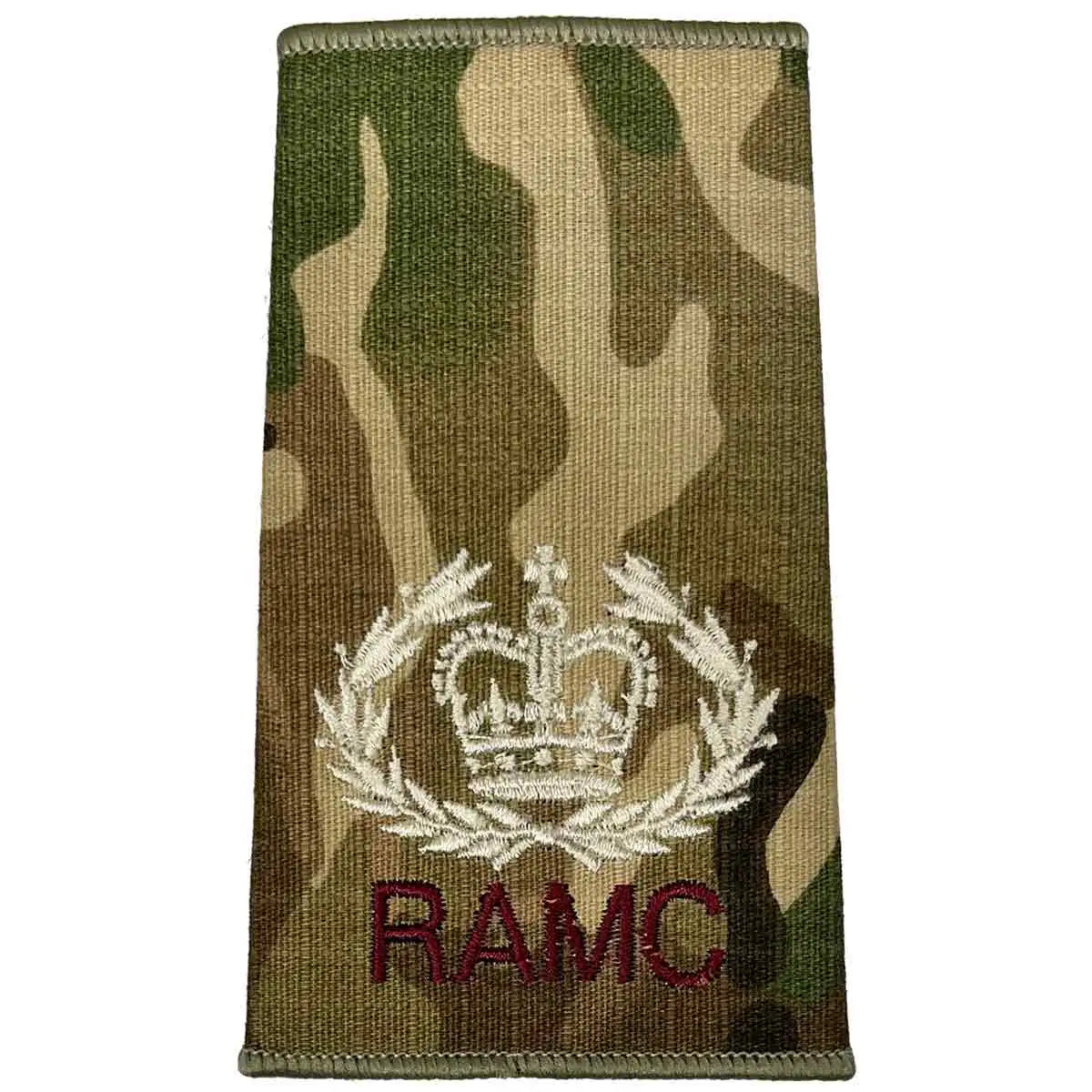 Royal Army Medical Corps Rank Slide Multicam with laurel crown insignia and RAMC text, denoting officer rank. WO2 RQMS - Crown & Laurel Wreath from  John Bull Clothing 