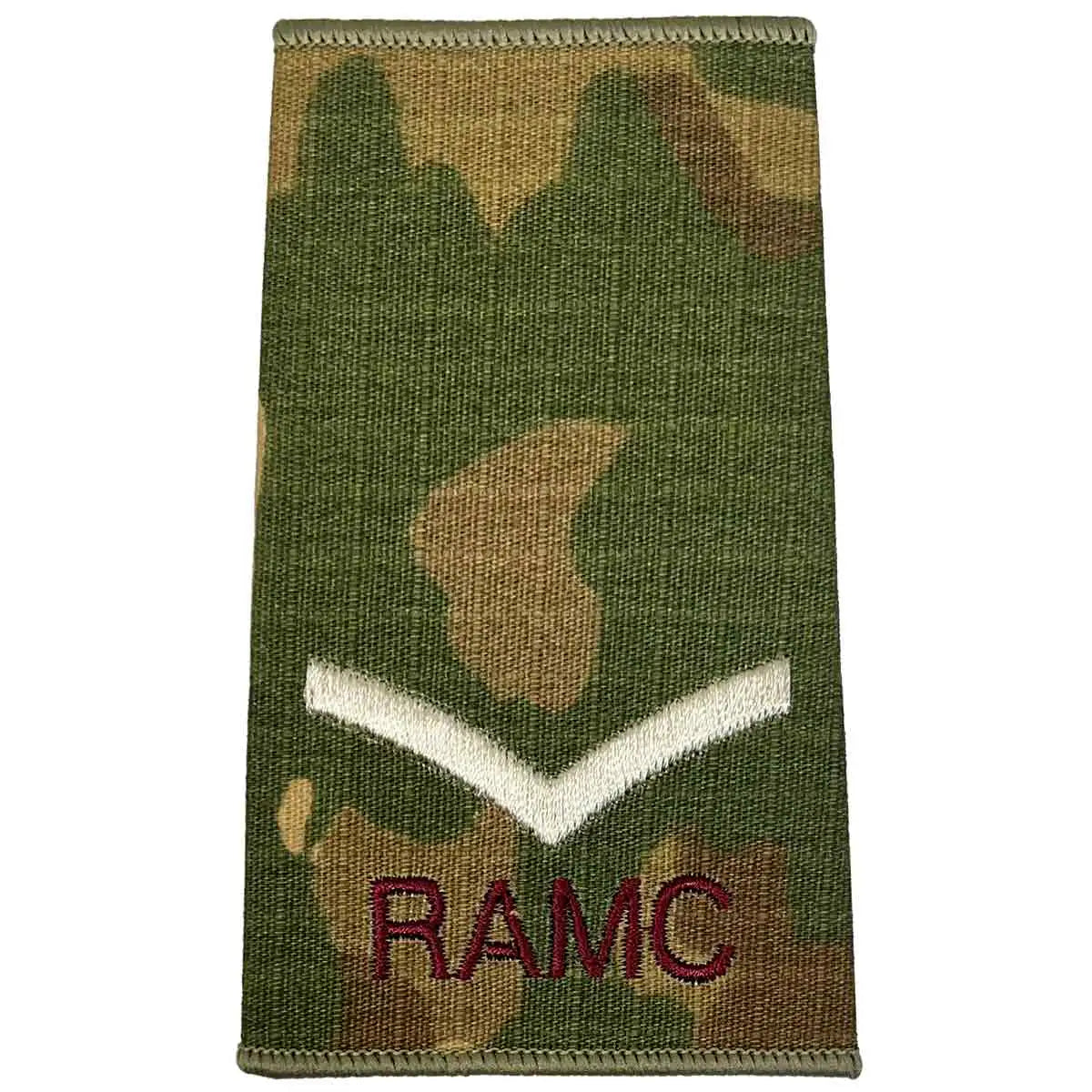 Royal Army Medical Corps Rank Slide Multicam with one ivory chevron and RAMC text, suitable for junior enlisted ranks. Lance Corporal from  John Bull Clothing 