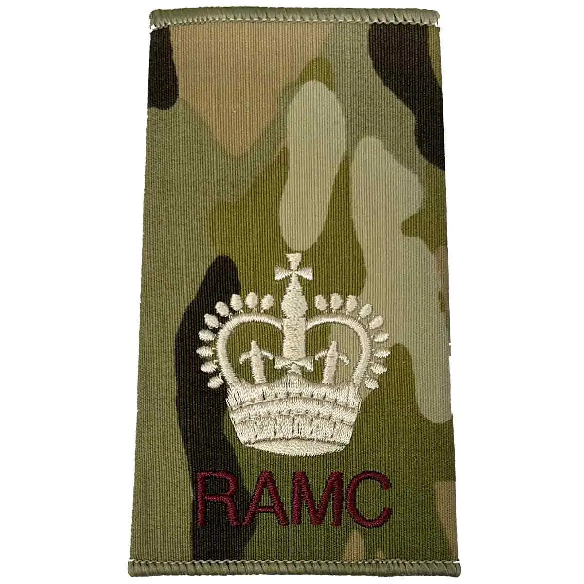 Royal Army Medical Corps Rank Slide Multicam with large crown insignia and RAMC text, used for high-ranking officers. WO2 - Large Crown from  John Bull Clothing 