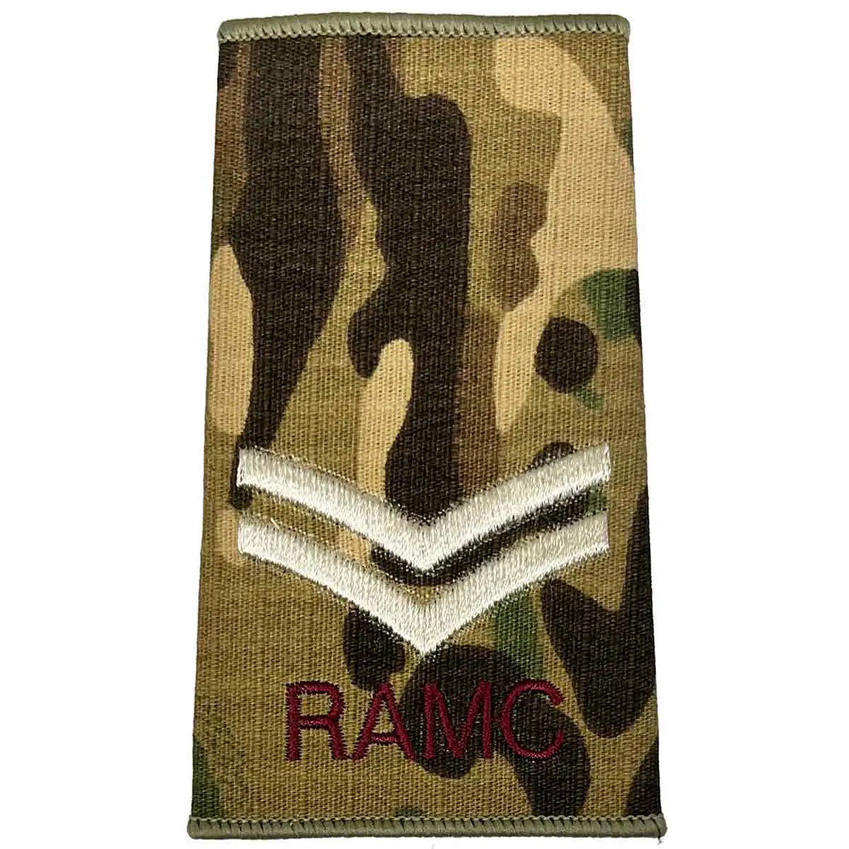 Royal Army Medical Corps Rank Slide Multicam with two ivory chevrons and RAMC text, ideal for corporal rank identification. Corporal from  John Bull Clothing 