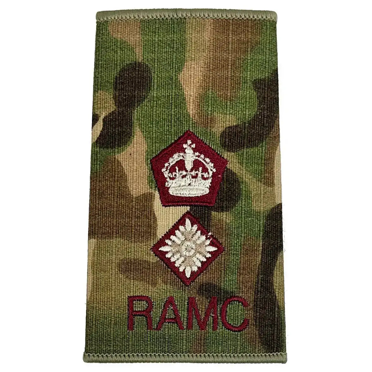 Royal Army Medical Corps Rank Slide Multicam with red crown and single diamond insignia above RAMC text, for officer classification. Kings Crown - Lt Colonel from  John Bull Clothing 