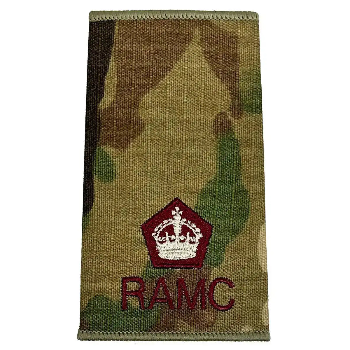Royal Army Medical Corps Rank Slide Multicam with red crown insignia and RAMC text, used for commanding officer ranks. Kings Crown - Major from  John Bull Clothing 