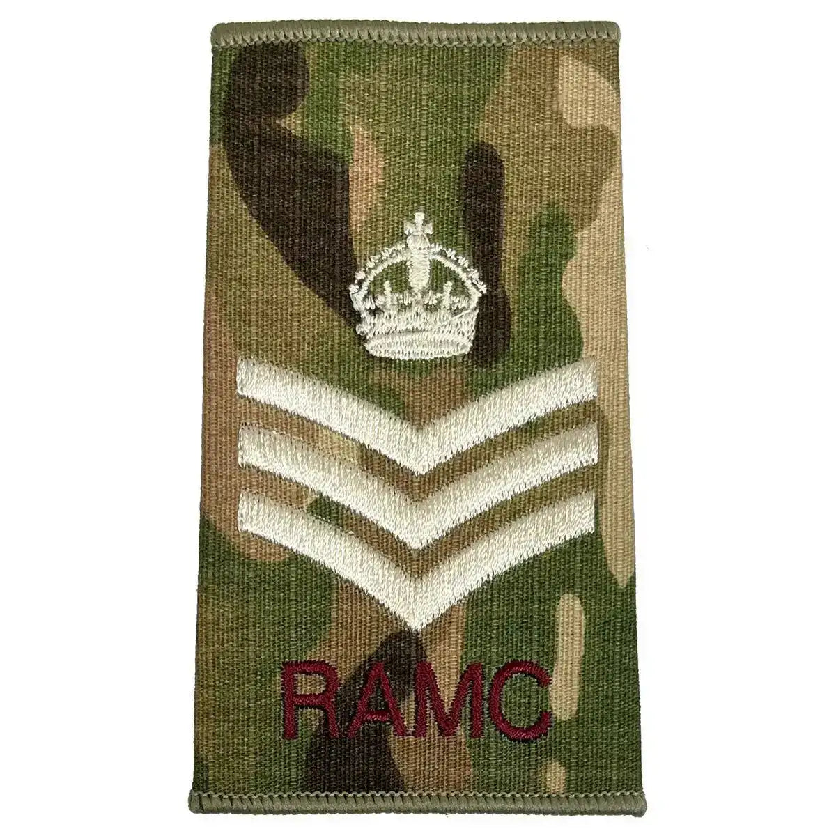 Royal Army Medical Corps Rank Slide Multicam with crown and three chevrons above RAMC text, for warrant officer classification. Kings Crown - Staff Sergeant from  John Bull Clothing 