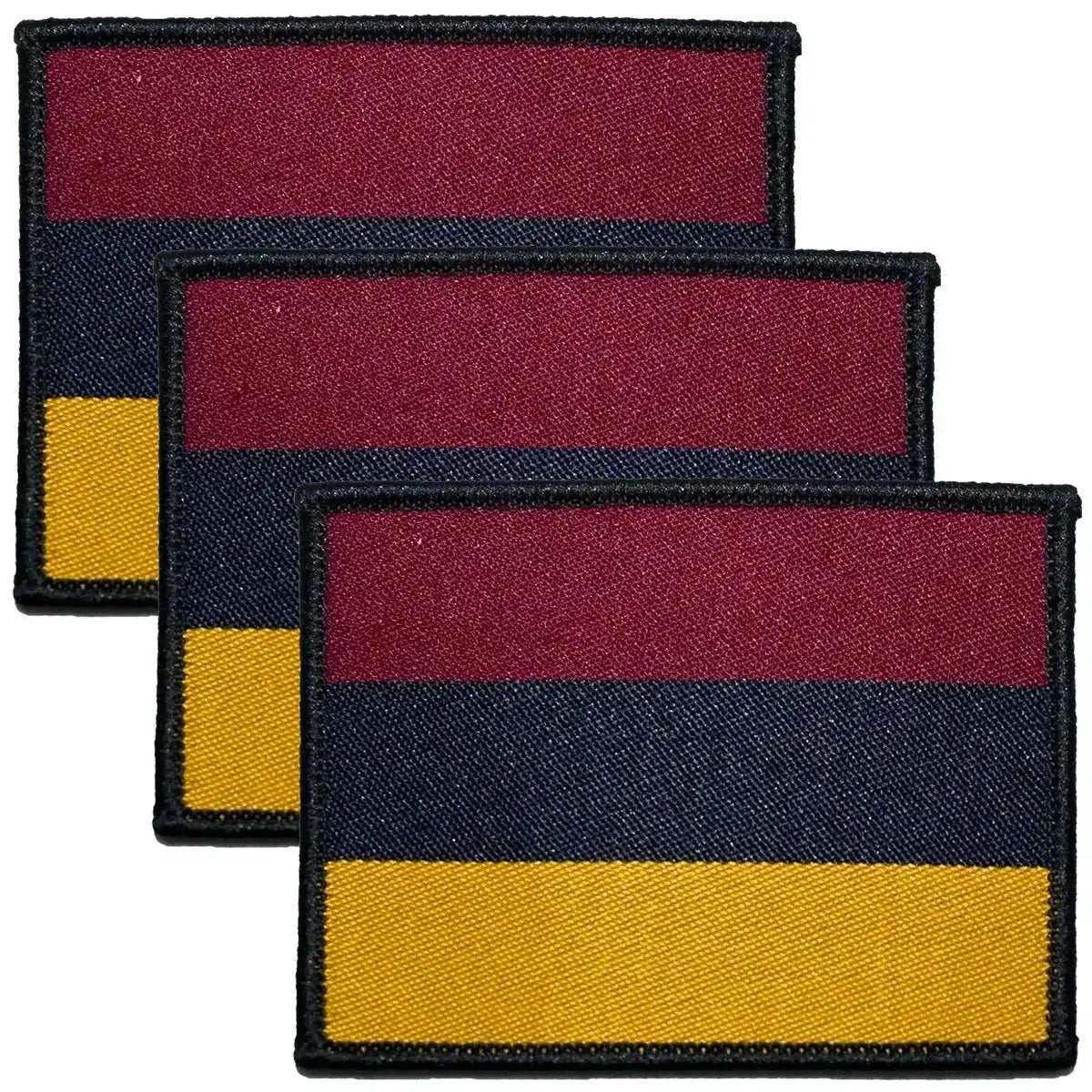 Royal Army Medical Corps TRF Hook & Loop patch in maroon, navy, and yellow stripes, shown in a set of three for military uniforms. 3 Pack from  John Bull Clothing 
