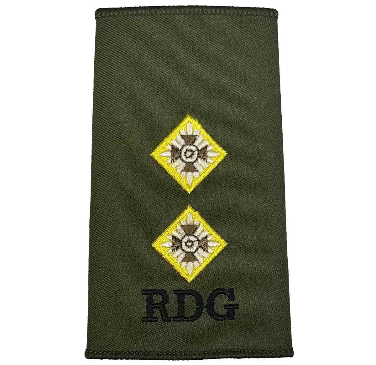 Royal Dragoon Guards Green Rank Slide with two yellow star insignias and RDG text, made for military rank identification LT from  John Bull Clothing 