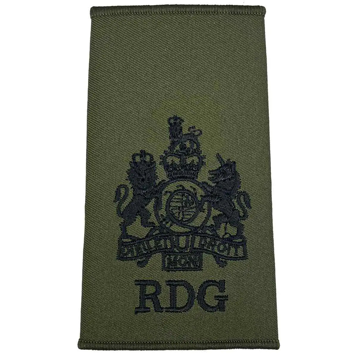 Royal Dragoon Guards Green Rank Slide with detailed black embroidered crest and RDG text, suitable for officer military uniforms WO1 from  John Bull Clothing 