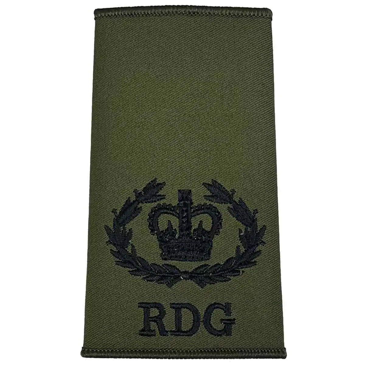 Royal Dragoon Guards Green Rank Slide with laurel crown insignia and RDG embroidery, ideal for formal military uniform display WO2 RQMS - Crown & Laurel Wreath from  John Bull Clothing 