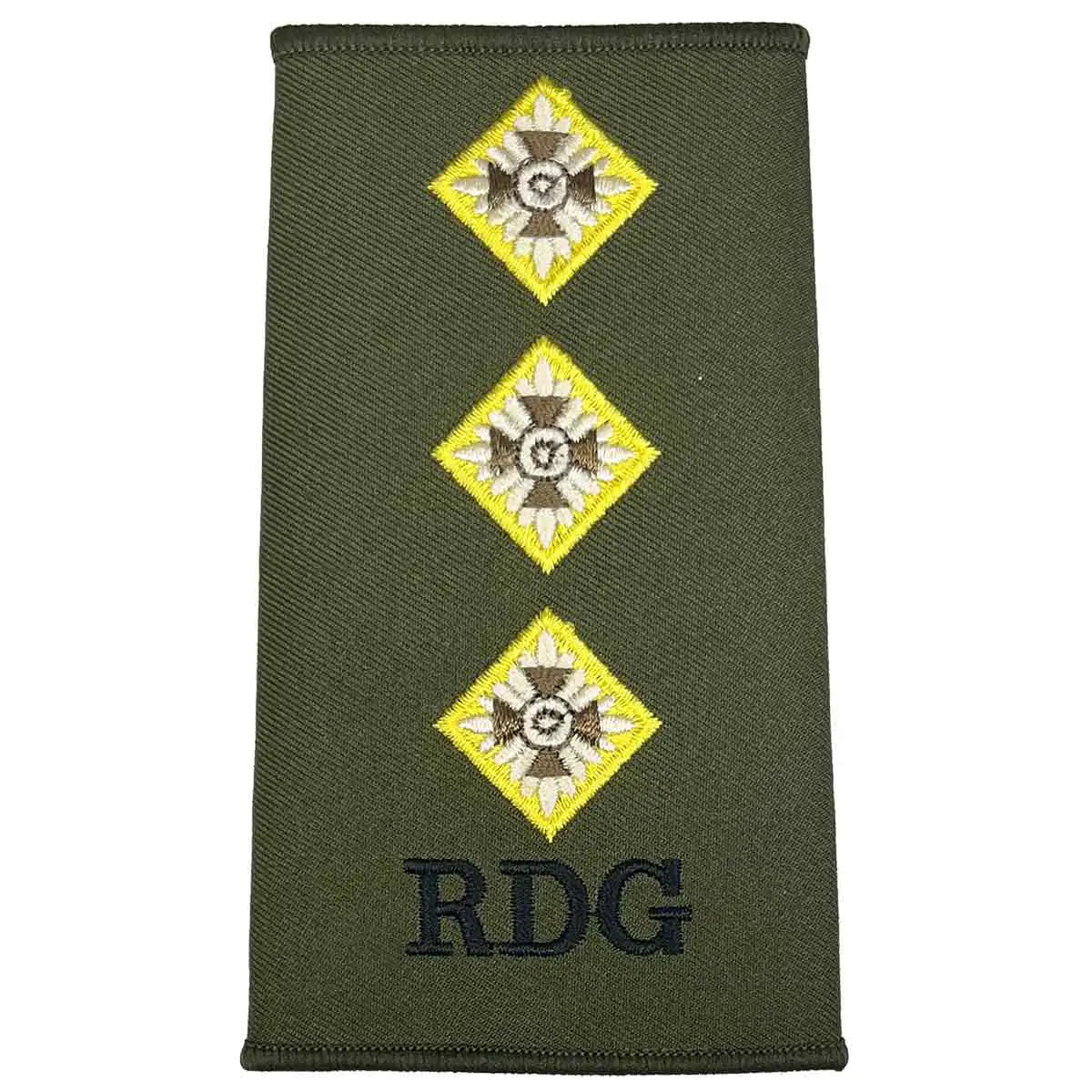Royal Dragoon Guards Green Rank Slide with three yellow star insignias and RDG embroidery, ideal for officer military apparel Captain from  John Bull Clothing 