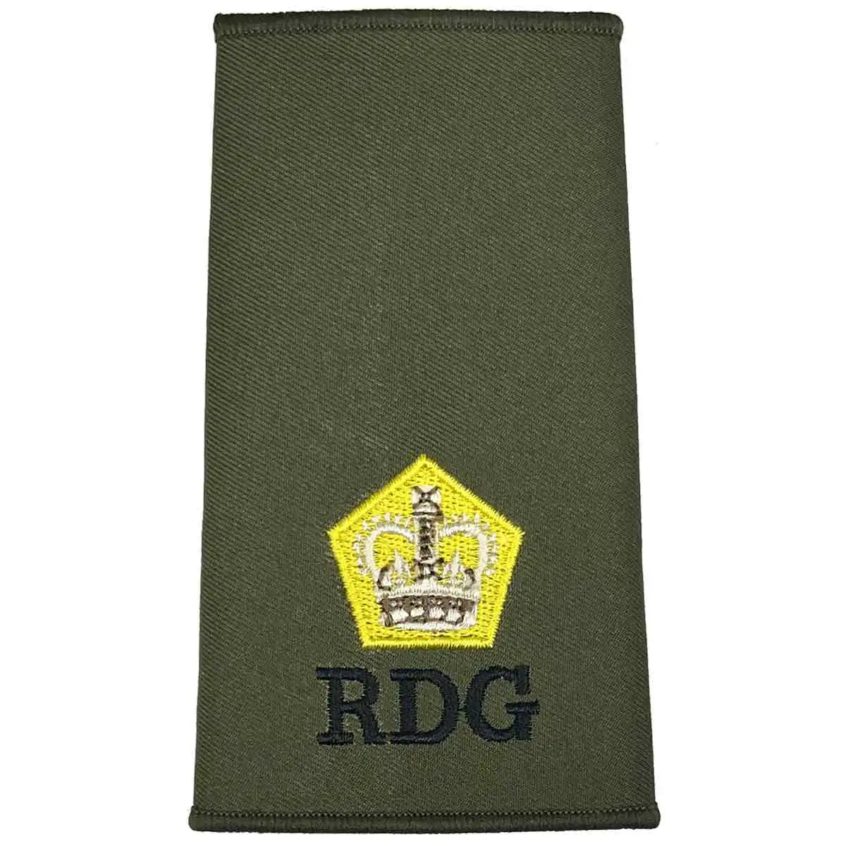 Royal Dragoon Guards Green Rank Slide with yellow crown emblem and RDG text, designed for officer military uniform use Major from  John Bull Clothing 