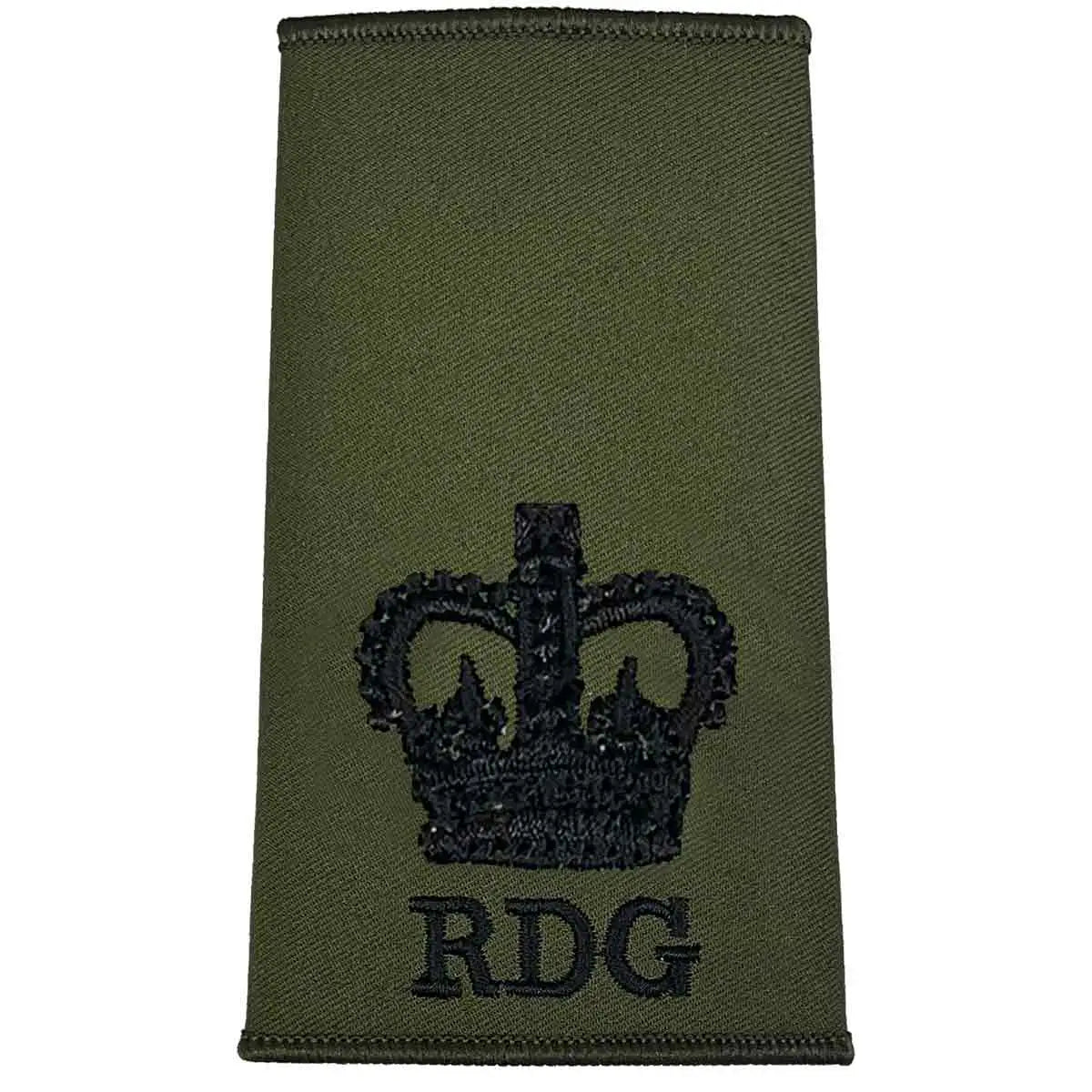 Royal Dragoon Guards Green Rank Slide featuring a black crown above RDG text, made from regulation olive green Cordura WO2 - Large Crown from  John Bull Clothing 