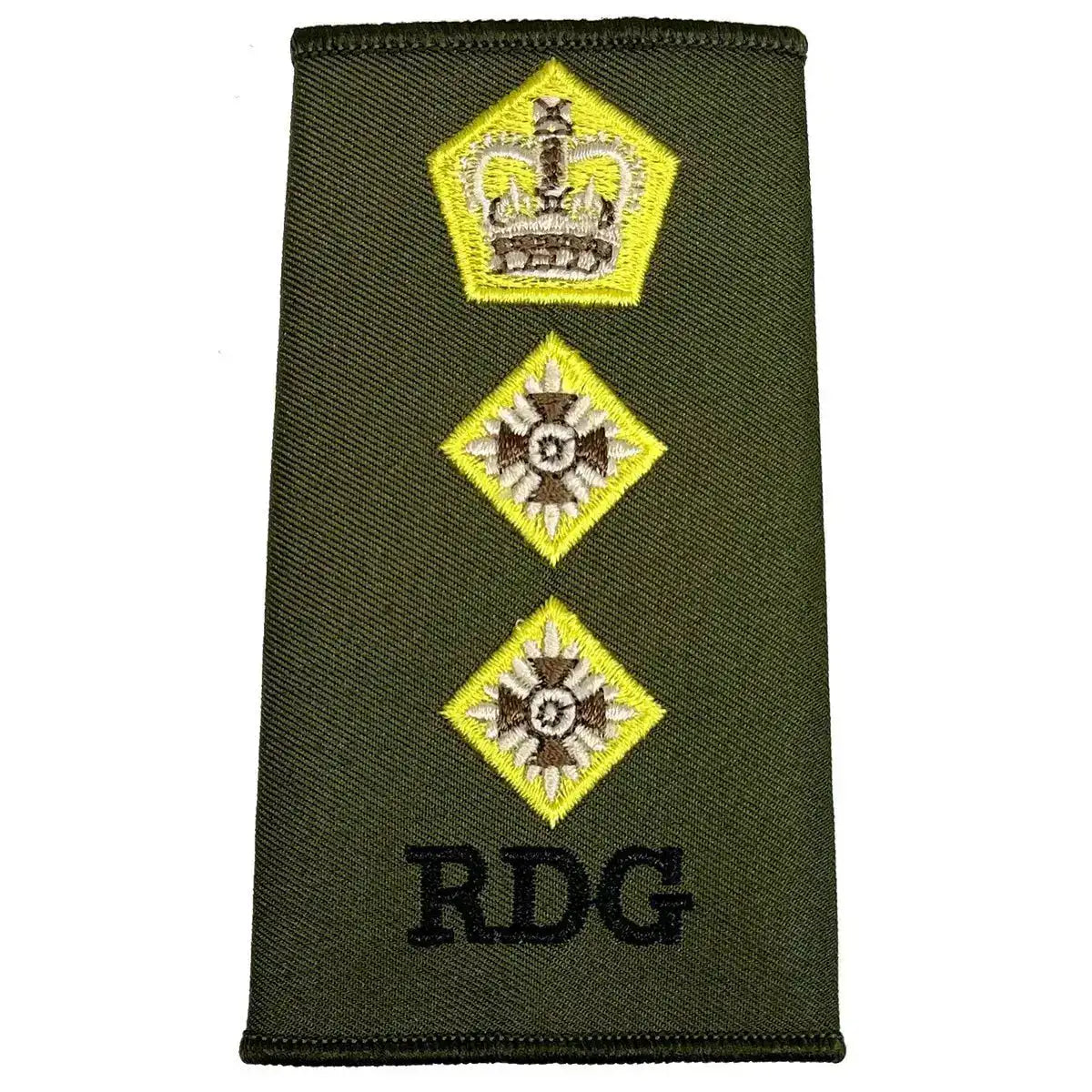 Royal Dragoon Guards Green Rank Slide with yellow crown and two stars above RDG embroidery, suitable for high-ranking military uniforms Colonel from  John Bull Clothing 