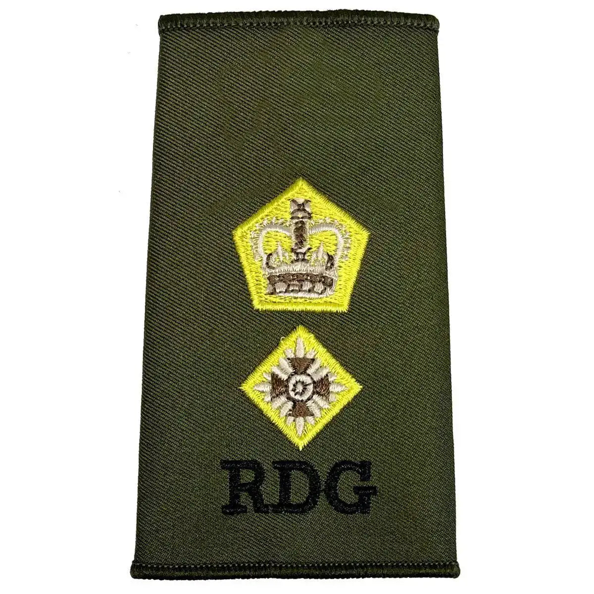 Royal Dragoon Guards Green Rank Slide with yellow crown and one star above RDG text, designed for senior officer uniforms LT Colonel from  John Bull Clothing 