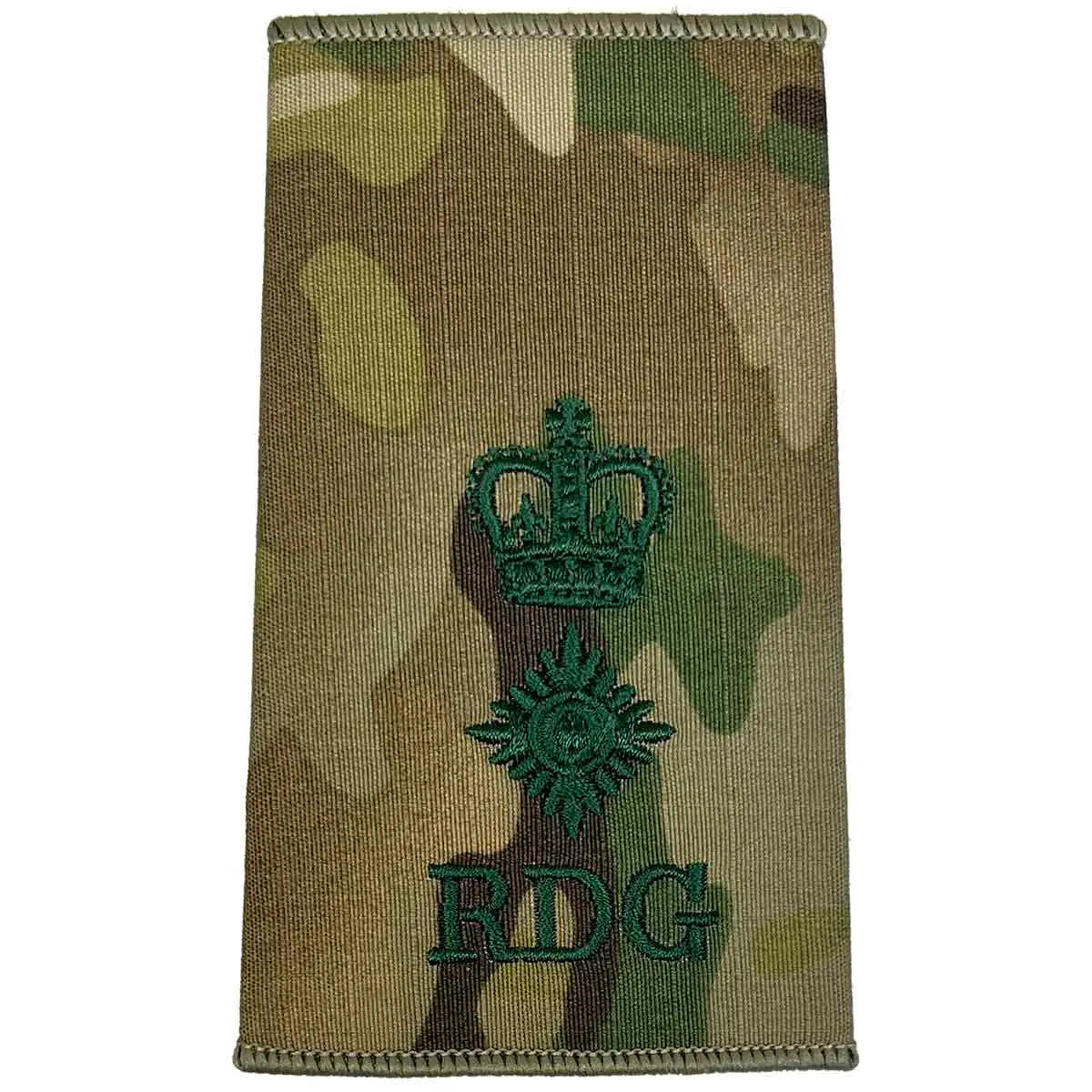 Royal Dragoon Guards Multicam rank slide with crown above star and RDG initials, used for lieutenant colonel rank. LT Colonel from  John Bull Clothing 