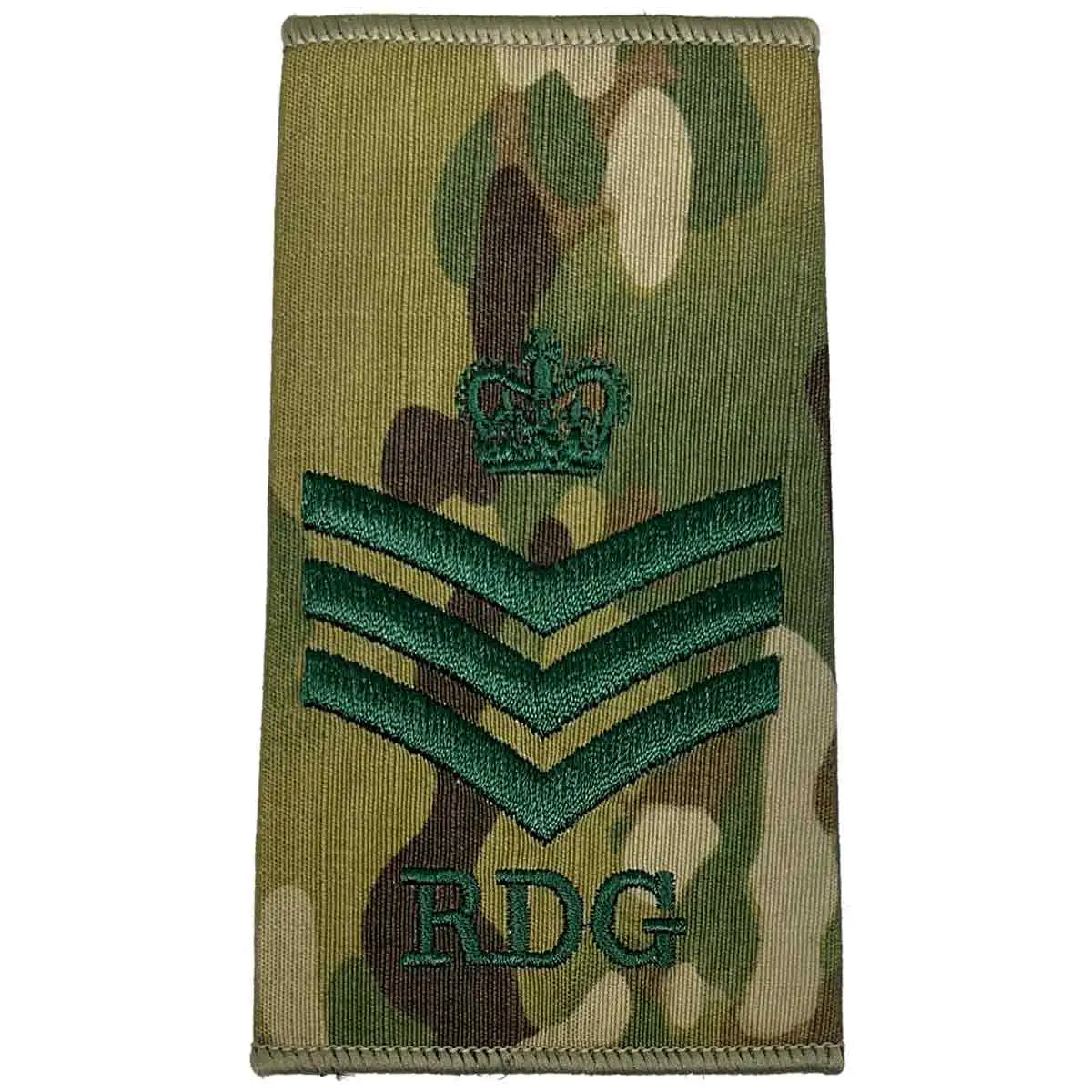 Royal Dragoon Guards Multicam rank slide with crown above three chevrons and RDG initials, indicating staff sergeant rank. Staff Sergeant from  John Bull Clothing 