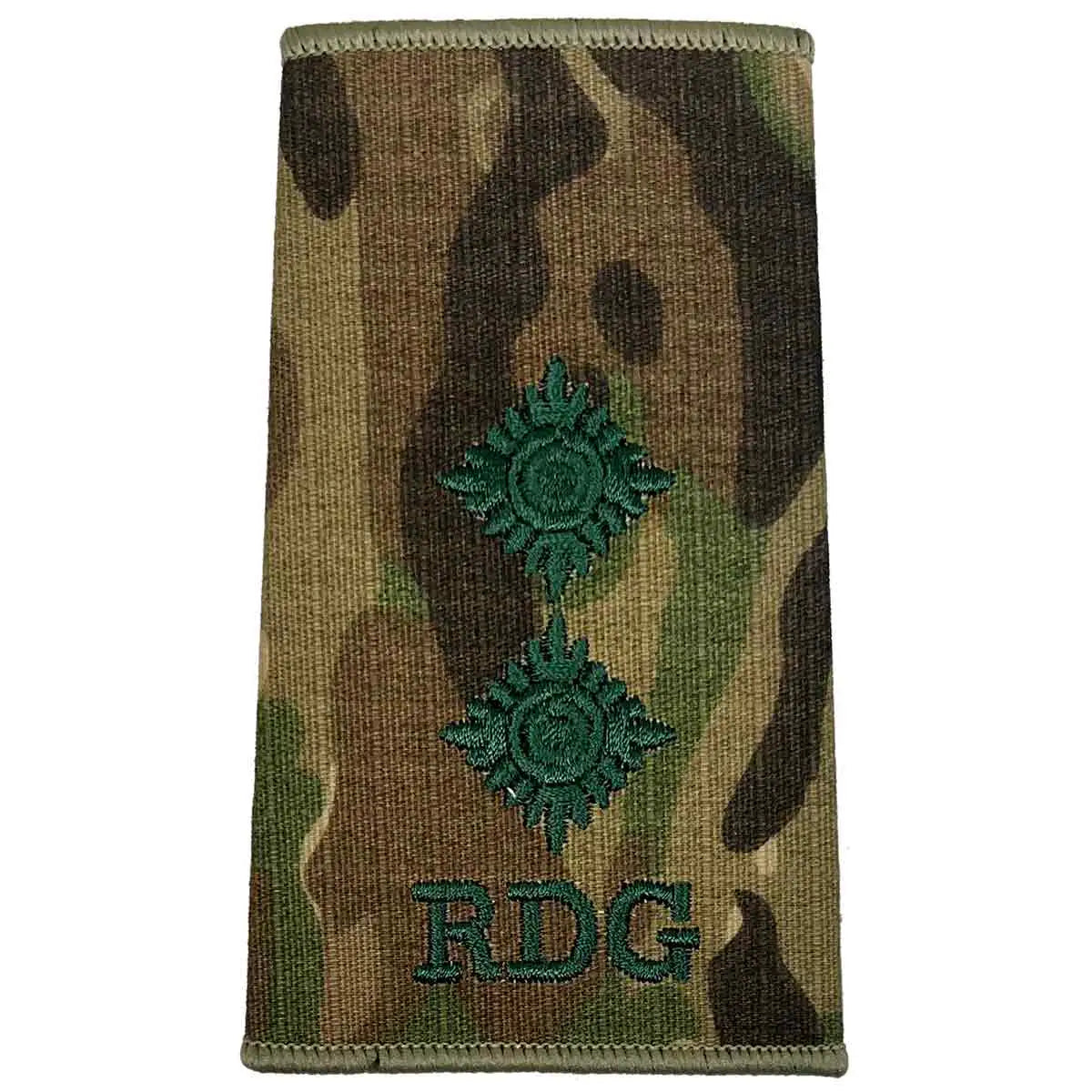 Royal Dragoon Guards Multicam rank slide with two star insignias and RDG initials, designed for field officer ranks. LT from  John Bull Clothing 