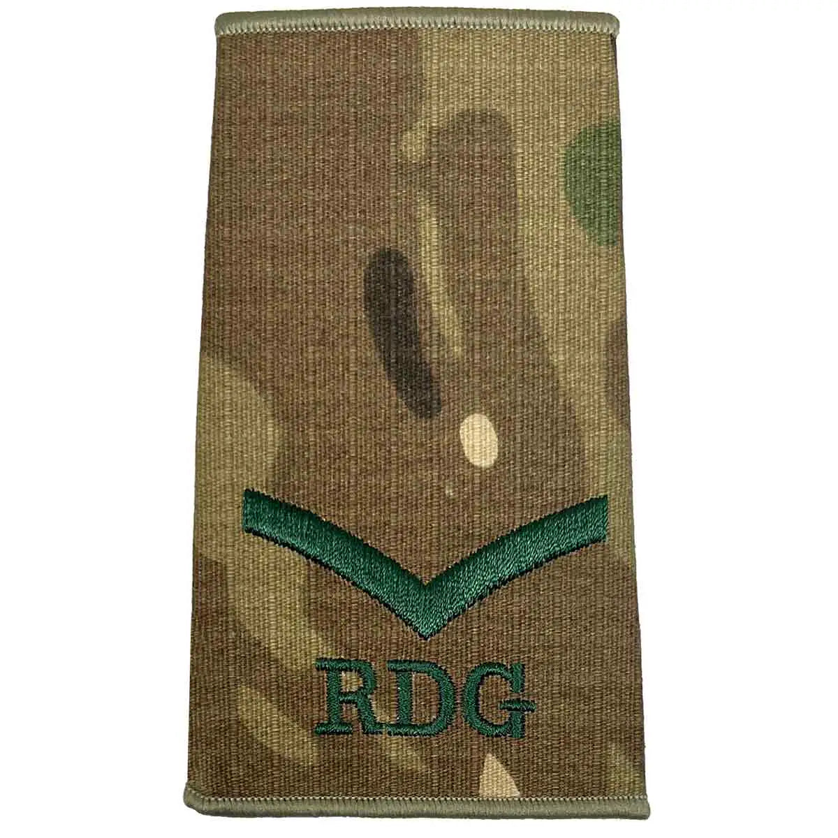 Royal Dragoon Guards Multicam rank slide with one chevron and RDG initials in dark green embroidery, suitable for junior enlisted ranks. Lance Corporal from  John Bull Clothing 