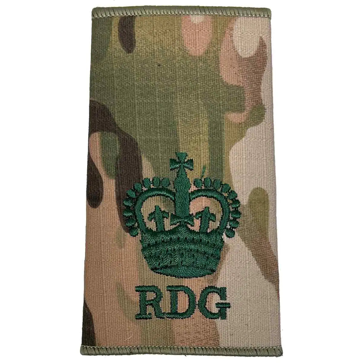 Royal Dragoon Guards Multicam rank slide with large crown embroidery and RDG initials, suitable for senior officer identification. WO2 - Large Crown from  John Bull Clothing 