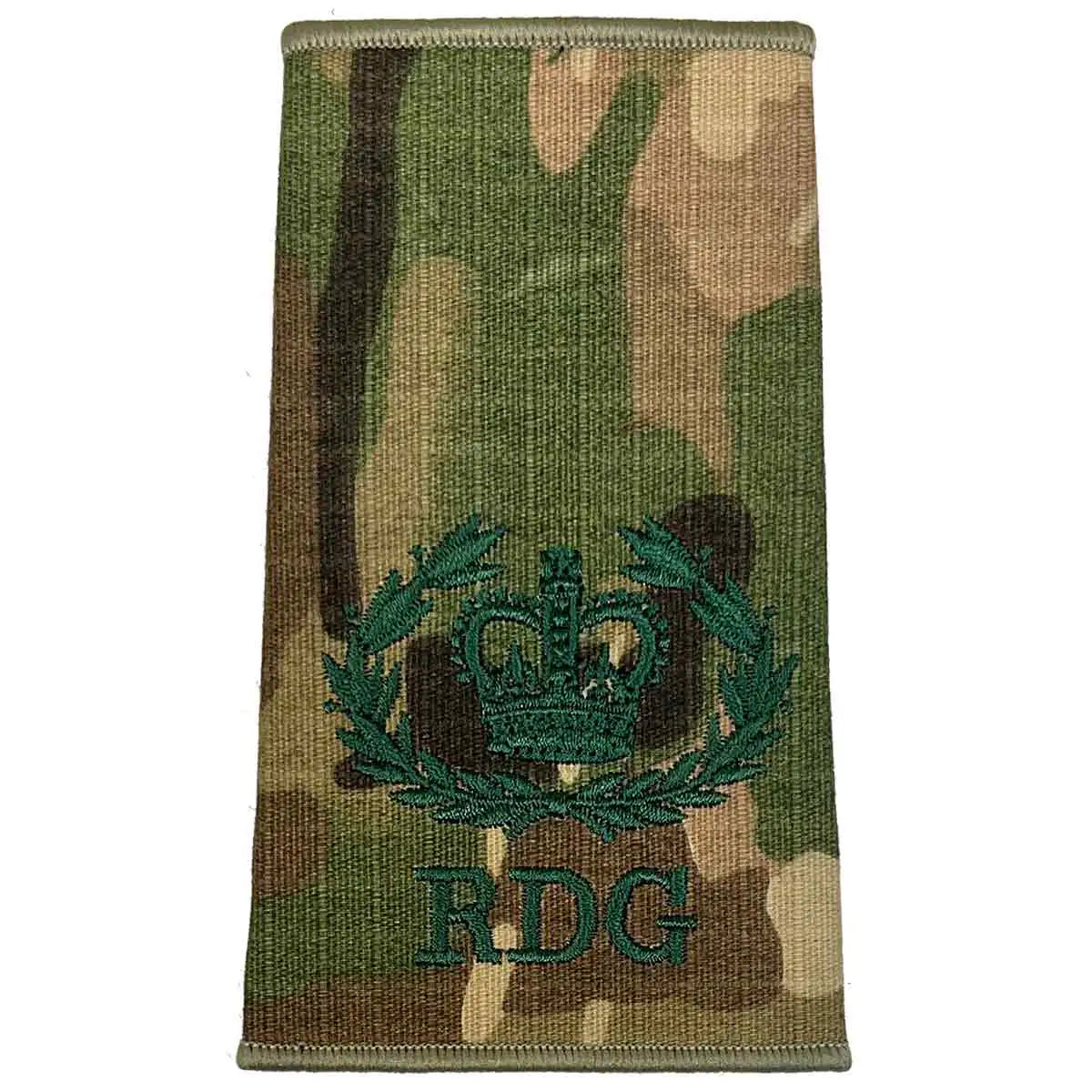 Royal Dragoon Guards Multicam rank slide with laurel-crowned insignia and RDG initials, representing higher officer ranks. WO2 RQMS - Crown & Laurel Wreath from  John Bull Clothing 