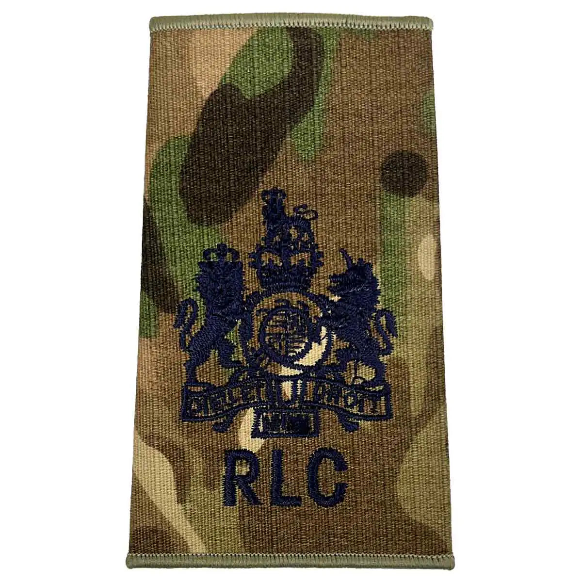 Royal Logistic Corps Multicam Rank Slide | John Bulls showcasing the royal coat of arms above RLC initials on camouflage background.  from  John Bull Clothing 