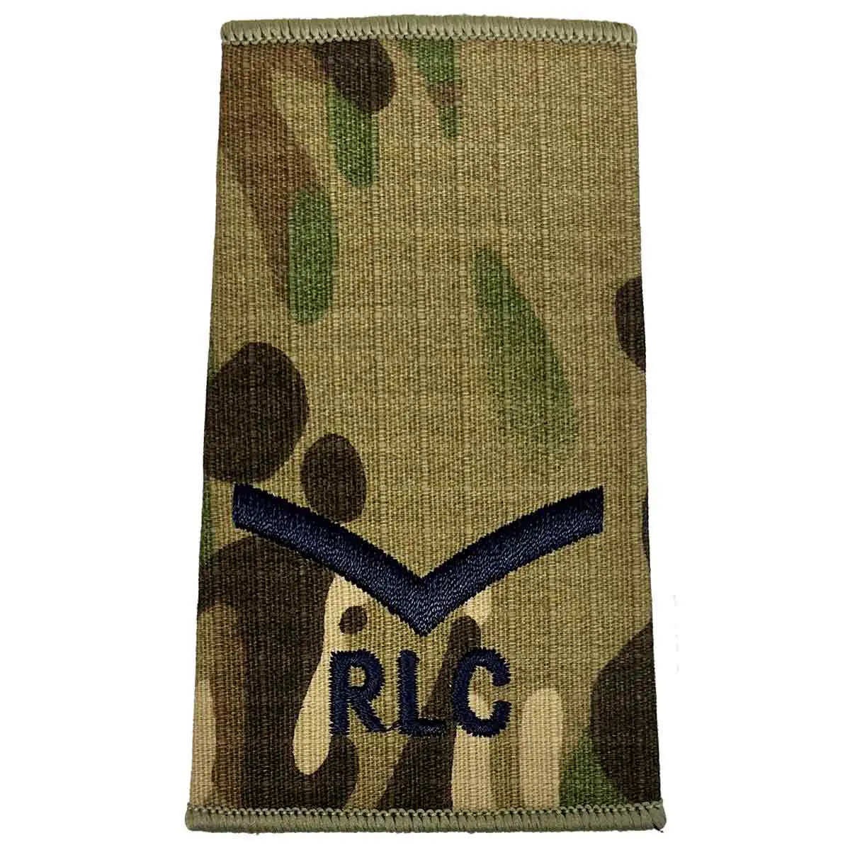 Royal Logistic Corps Multicam Rank Slide | John Bulls showing a single chevron and RLC initials embroidered in dark blue on regulation multicam. Lance Corporal from  John Bull Clothing 