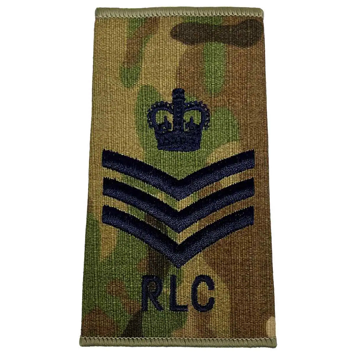 Royal Logistic Corps Multicam Rank Slide | John Bulls with crown and three chevrons above RLC initials, suitable for senior NCOs. Staff Sergeant from  John Bull Clothing 