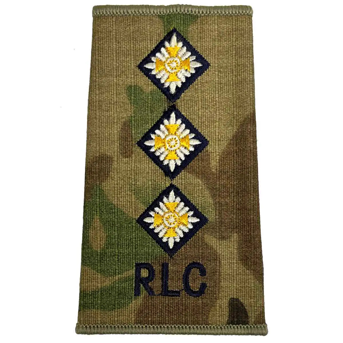 Royal Logistic Corps Multicam Rank Slide | John Bulls featuring three yellow star pips above RLC initials on military uniform fabric. Captain from  John Bull Clothing 