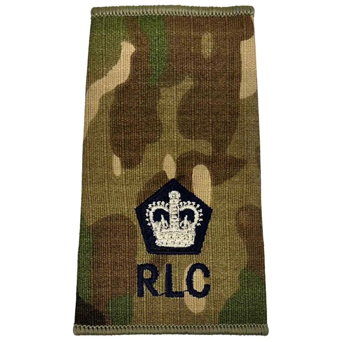 Royal Logistic Corps Multicam Rank Slide | John Bulls featuring a white crown within a pentagon above RLC initials on camouflage. Major from  John Bull Clothing 