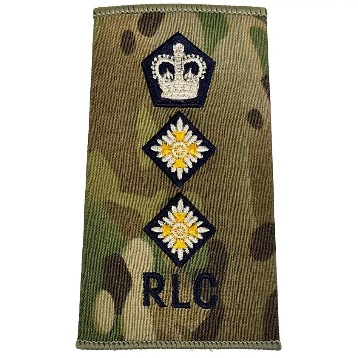 Royal Logistic Corps Multicam Rank Slide | John Bulls showing crown and two star pips above RLC initials on camouflage Cordura. Colonel from  John Bull Clothing 