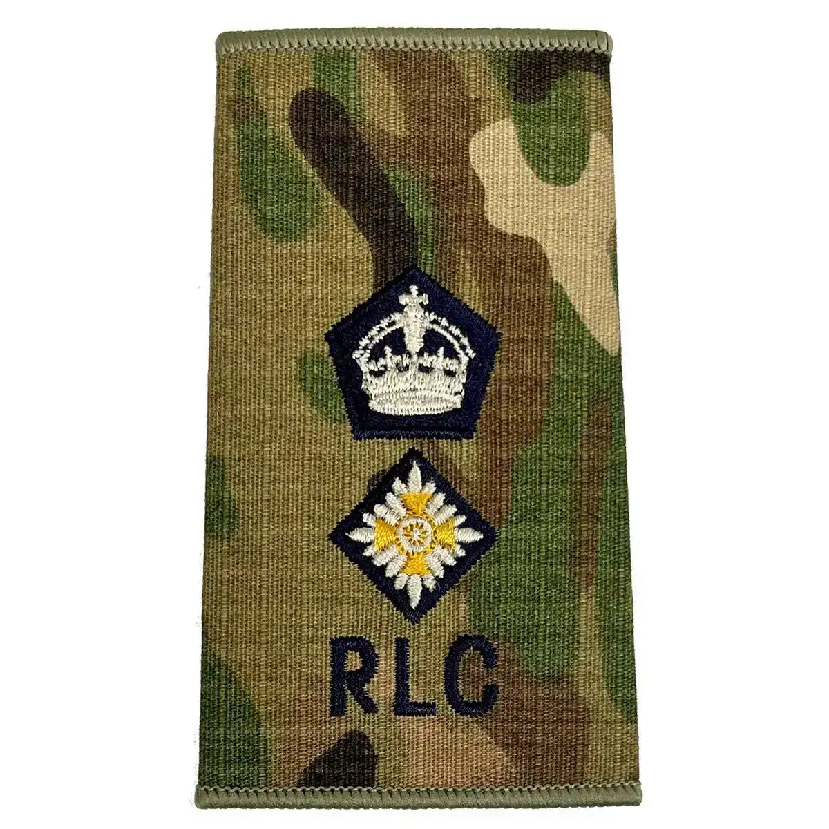 Royal Logistic Corps Multicam Rank Slide | John Bulls with crown and one star pip above RLC initials, embroidered on regulation multicam. Kings Crown - Lt Colonel from  John Bull Clothing 