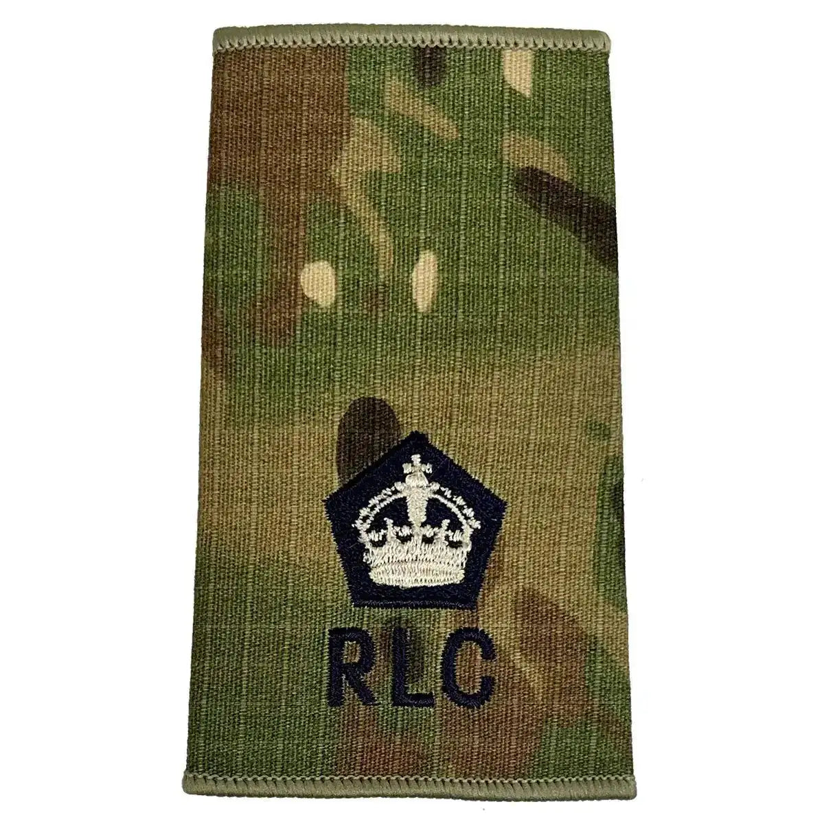 Royal Logistic Corps Multicam Rank Slide | John Bulls featuring a white crown in pentagon above RLC initials on camouflage uniform fabric. Kings Crown - Major from  John Bull Clothing 