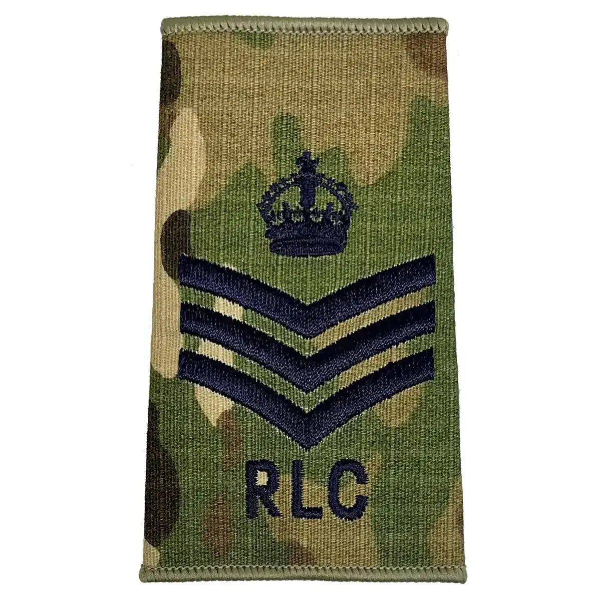 Royal Logistic Corps Multicam Rank Slide | John Bulls showing crown and three chevrons above RLC initials on camouflage background. Kings Crown - Staff Sergeant from  John Bull Clothing 