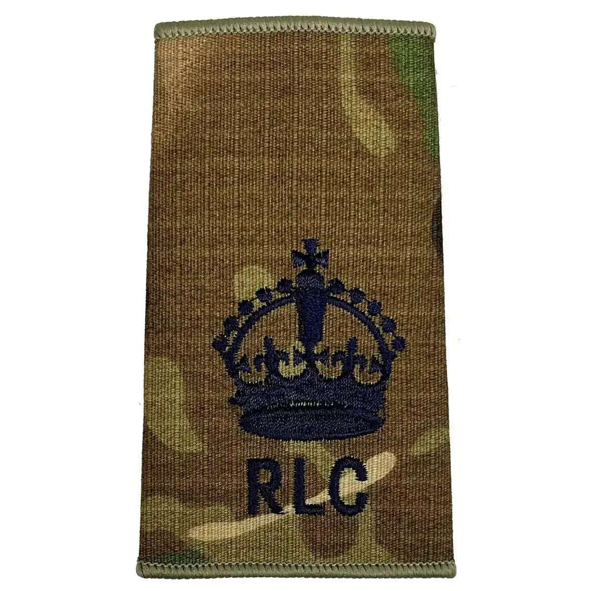 Royal Logistic Corps Multicam Rank Slide | John Bulls with large dark blue crown above RLC initials, embroidered on Cordura multicam. Kings Crown - WO2 Large Crown from  John Bull Clothing 