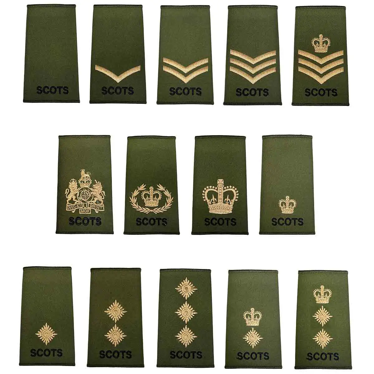 Royal Regiment of Scotland olive rank slides set with various embroidered insignia in gold and black, ideal for military uniforms.  from  John Bull Clothing 