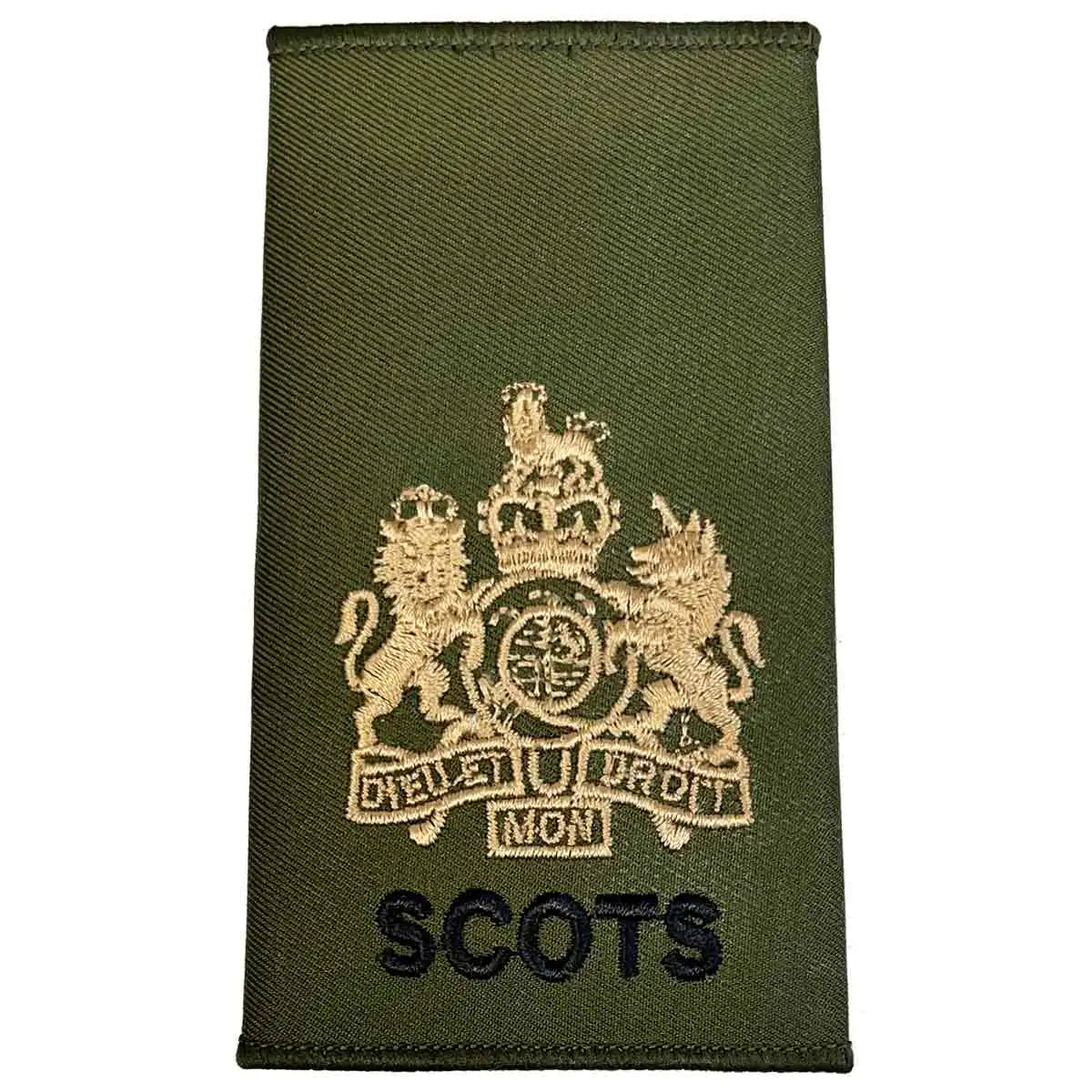 Royal Regiment of Scotland olive rank slide with detailed gold embroidered royal coat of arms and 'SCOTS' text. WO1 from  John Bull Clothing 