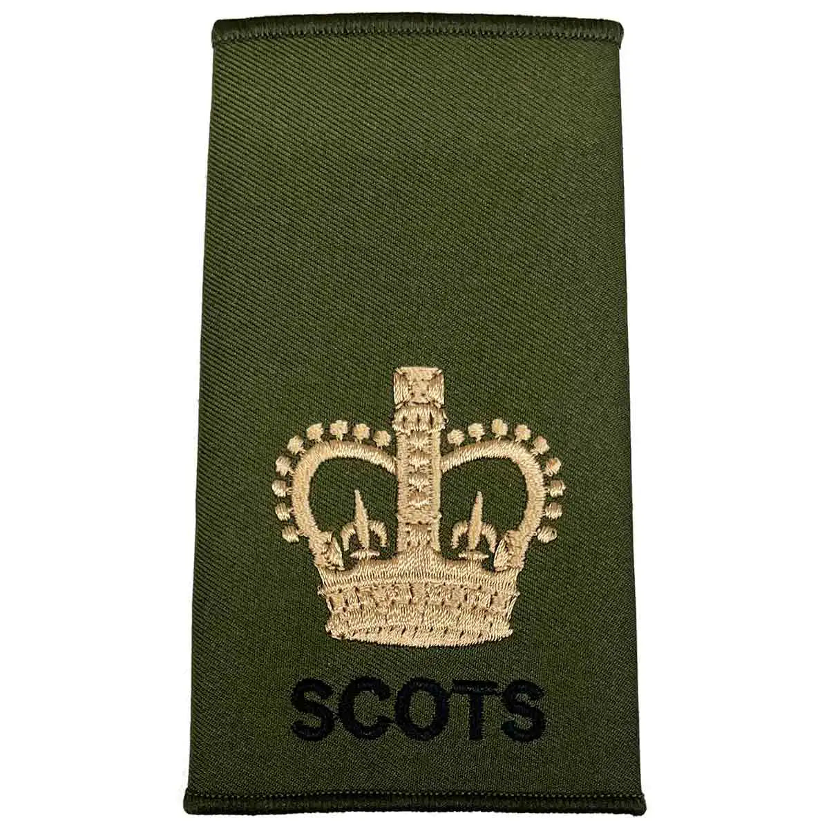 Royal Regiment of Scotland olive rank slide with large gold crown embroidery and 'SCOTS' text for officer ranks. WO2 - Large Crown from  John Bull Clothing 