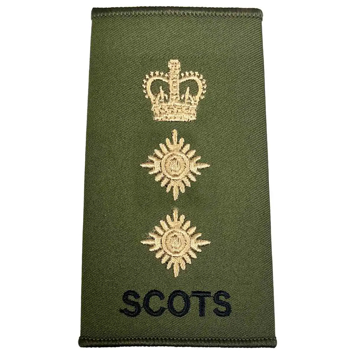 Royal Regiment of Scotland olive rank slide with gold crown above two stars and 'SCOTS' text, denoting Lieutenant Colonel. Colonel from  John Bull Clothing 