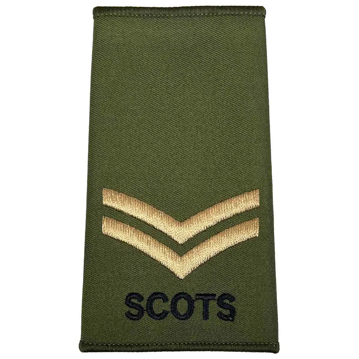 Royal Regiment of Scotland olive rank slide with two gold chevrons and 'SCOTS' text, denoting Corporal rank. Corporal from  John Bull Clothing 
