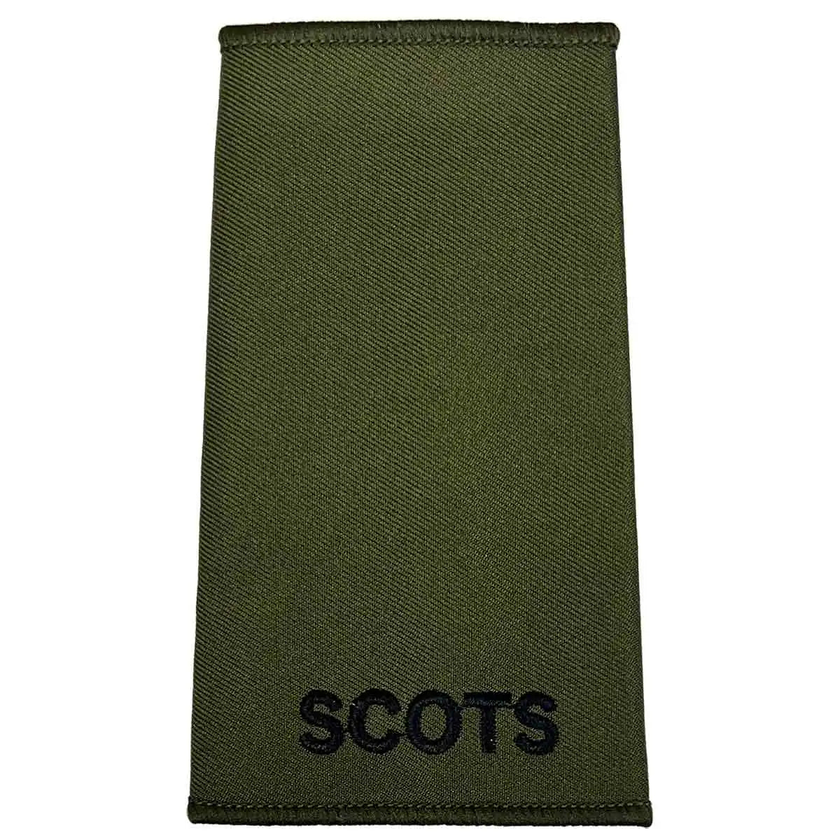 Plain olive green Royal Regiment of Scotland rank slide with black 'SCOTS' text, made from durable Cordura fabric. Private from  John Bull Clothing 