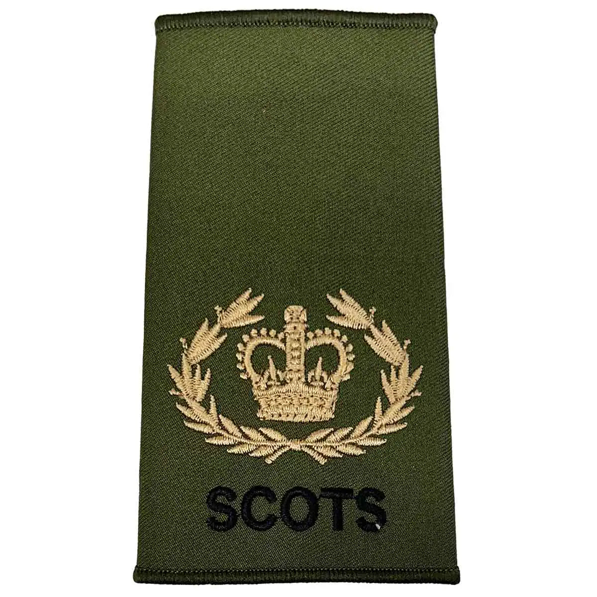 Royal Regiment of Scotland olive rank slide featuring a gold crown within a laurel wreath and 'SCOTS' text. WO2 RQMS - Crown & Laurel Wreath from  John Bull Clothing 