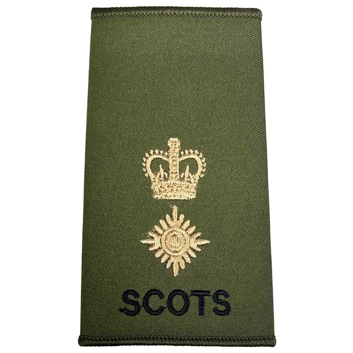 Royal Regiment of Scotland olive rank slide with gold crown above a star and 'SCOTS' text, representing Major rank. LT Colonel from  John Bull Clothing 