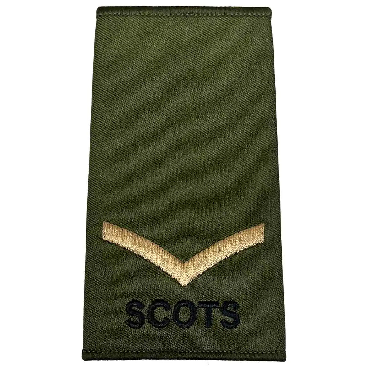 Royal Regiment of Scotland olive rank slide with single gold chevron and 'SCOTS' text, representing Lance Corporal rank. Lance Corporal from  John Bull Clothing 